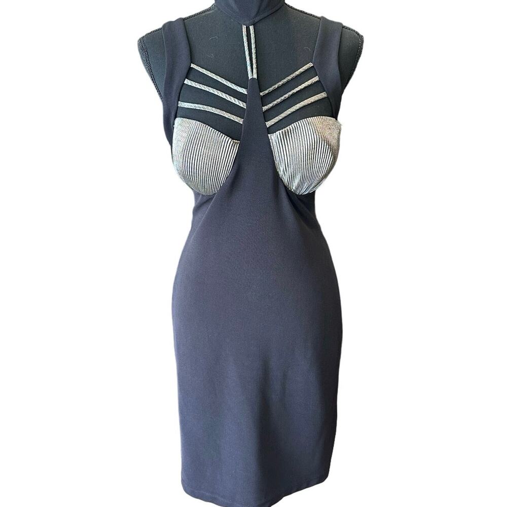 RARE VINTAGE 80s DESIGN CHAMP SPORTSWEAR PARIS NY Black & Silver Dress Large EUC